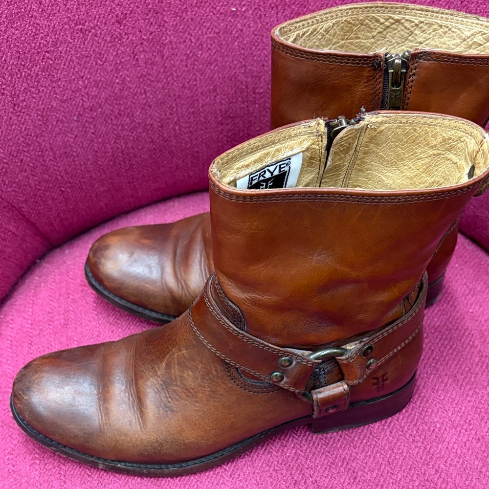 Frye Tan Brown Leather Harness Ankle Boots